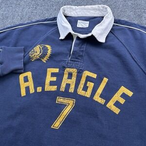 Vintage American Heavy L/S Eagle Rugby Polo Men's Size Medium Blue Yellow Indian